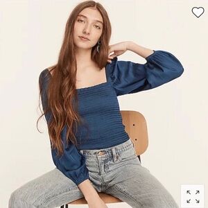 J.CREW | SQUARENECK SMOCKED FEATHERWEIGHT SATIN CROP TOP IN ROYAL PEACOCK LARGE